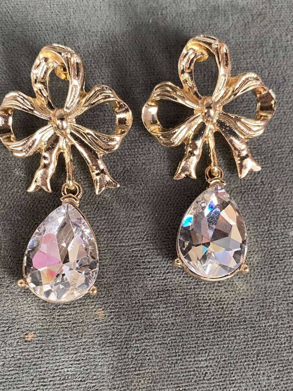 Gold Bow Drop Crystal Earrings - Women Jewelry